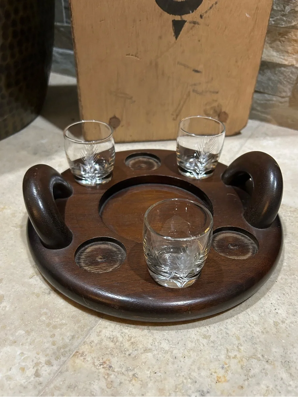 Vintage Wooden Shot Glass and Liquor Bottle Serving Tray Caddy with Handles